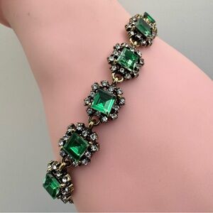 Antique Gold Emerald Green Ashers Cut Crystal Tennis Bracelet Vintage Glam